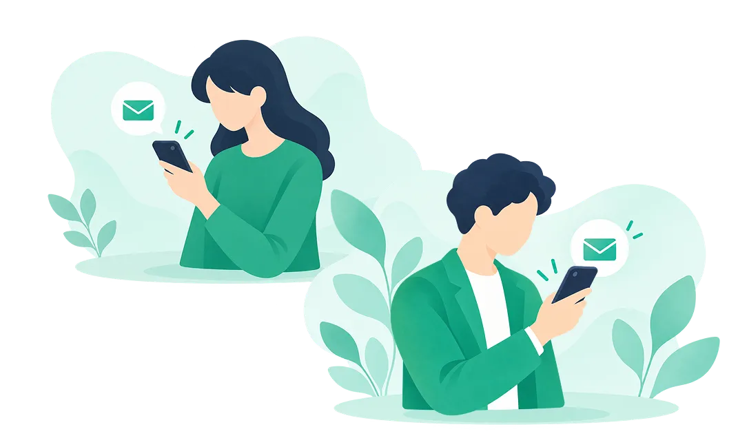 スマートフォンで通知を確認する男性と女性のイラスト